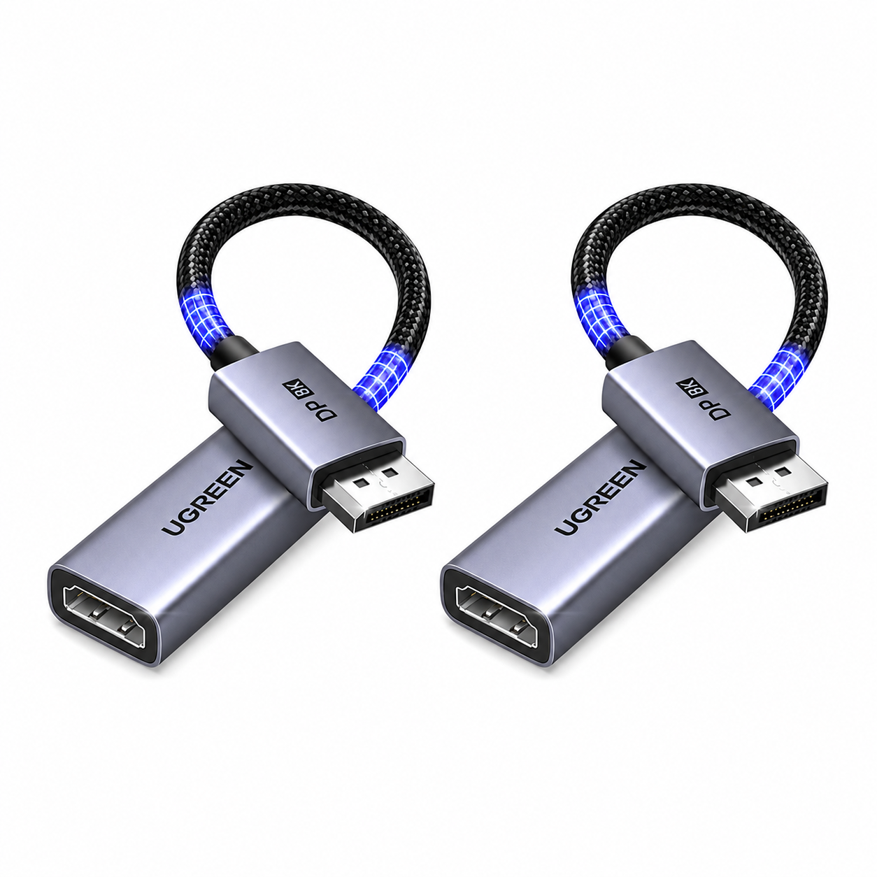 Two UGREEN HDMI 2.0 to DisplayPort 2.1 adapters with braided black cables and blue accent rings, shown on a white background.