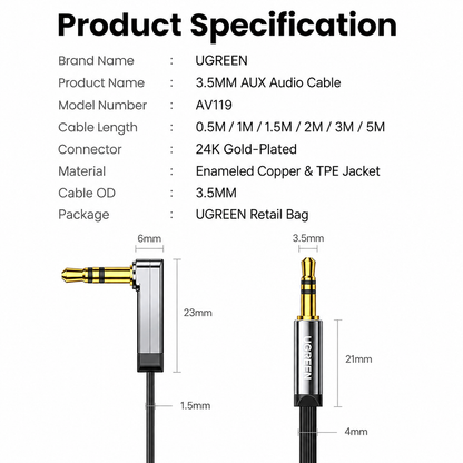Product specification sheet for a UGREEN 3.5mm AUX audio cable, showing technical details and dimension callouts for the plug and connector on a white background.