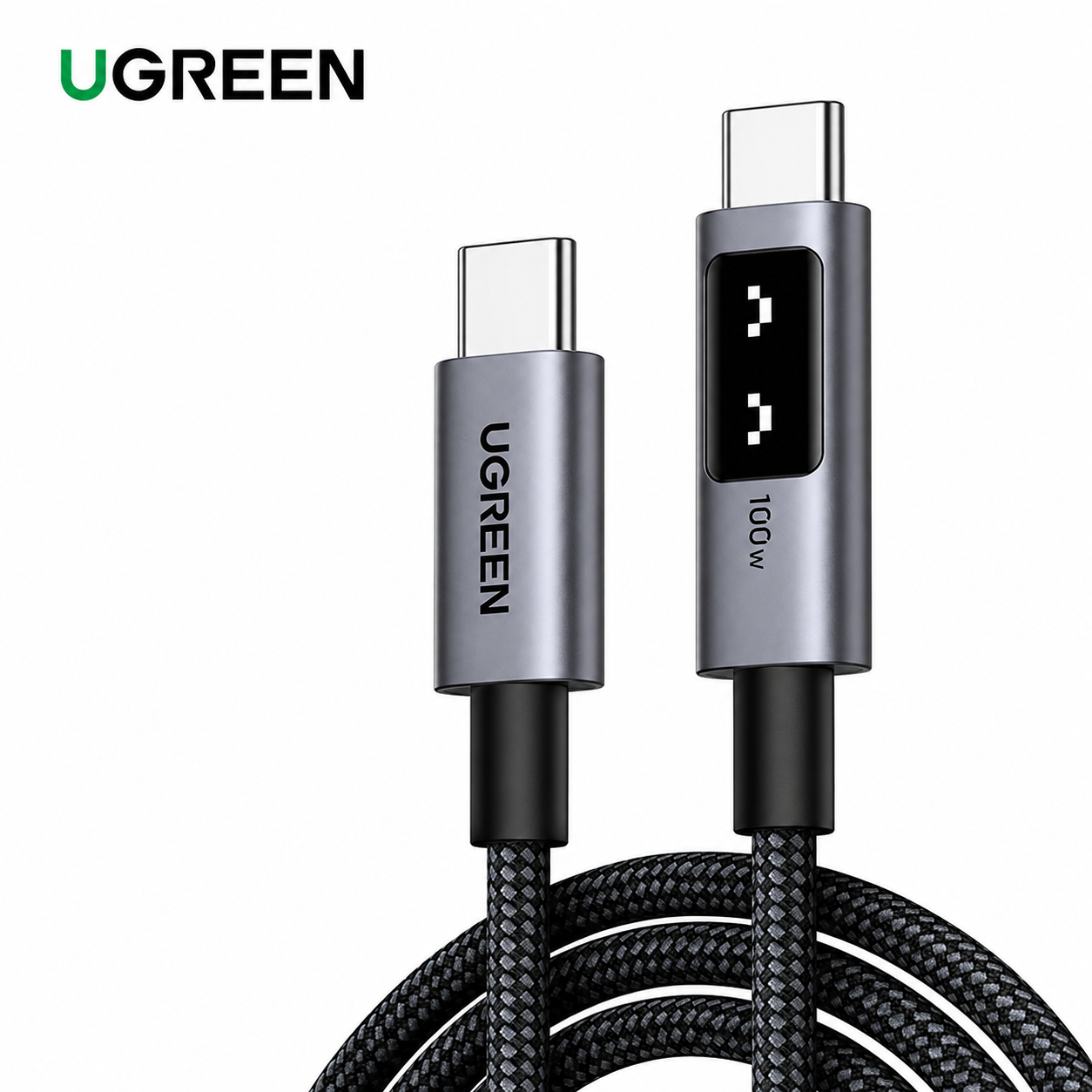 UGREEN 100W USB-C to USB-C fast charging cable with a braided black design, featuring a metallic silver connector housing with a black digital power display.