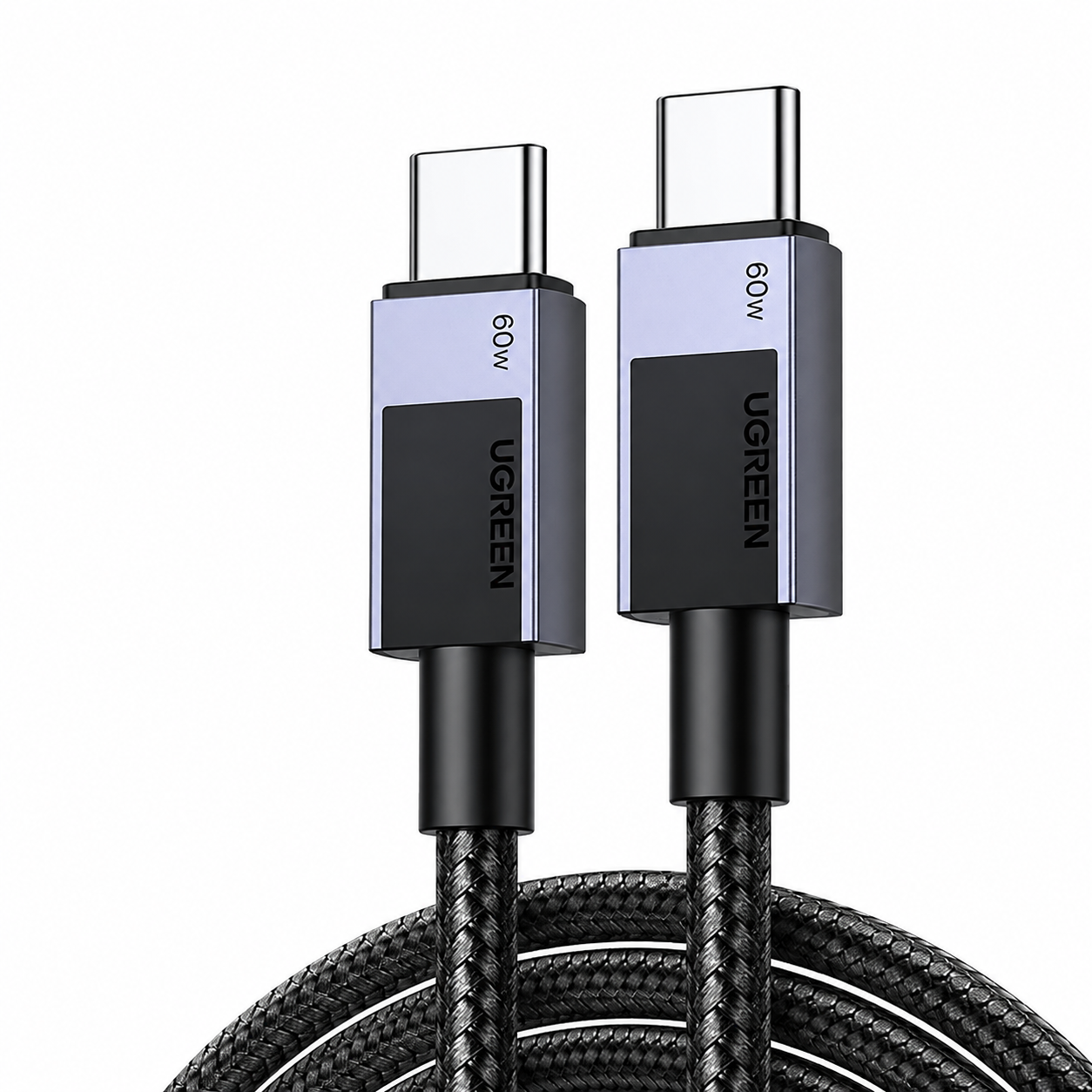 A close-up of a UGREEN 60W USB-C to USB-C cable with braided black cords and metallic silver and black connectors, shown on a white background.