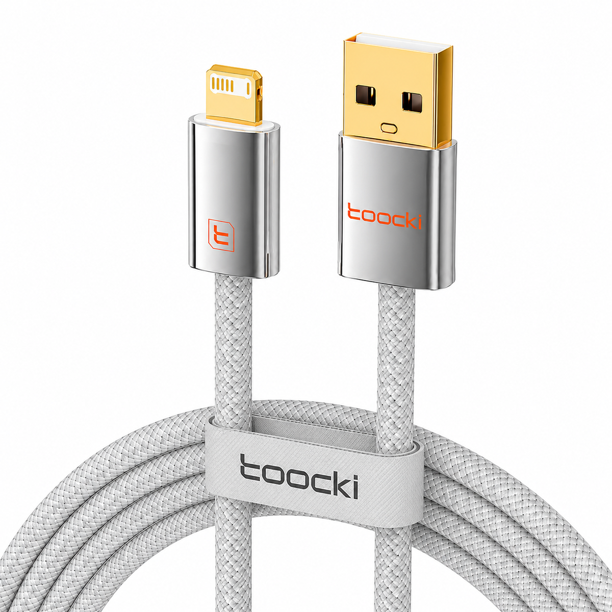 A coiled light gray braided USB-A to Lightning cable with metallic silver and gold connector housings, a light gray branded loop, and the tooocki logo visible on the USB end and loop.