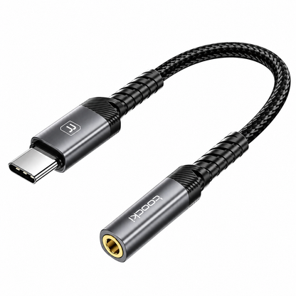 A black braided USB-C to audio adapter cable with a USB-C connector on one end and a gold-plated 3.5mm jack on the other, shown on a plain white background.