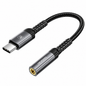 A black braided USB-C to audio adapter cable with a USB-C connector on one end and a gold-plated 3.5mm jack on the other, shown on a plain white background.