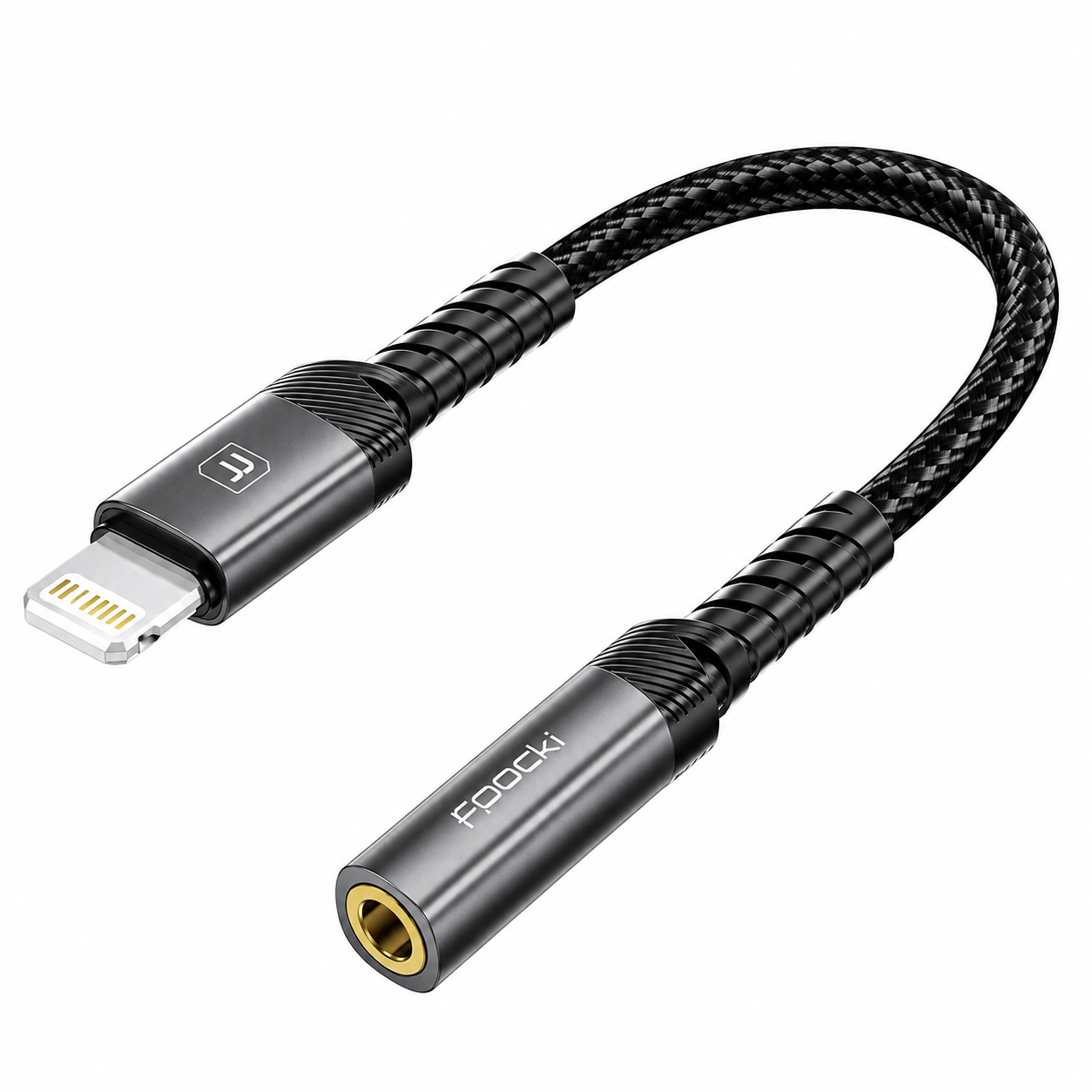 A black braided USB-C to 3.5mm audio adapter cable with a gold-plated plug and connector, shown on a clean white background.