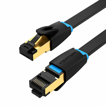 Black Ethernet cable with gold-plated RJ45 connectors and blue accent rings, shown on a clean white background. The brand name 'VENTION' is visible on one connector housing.