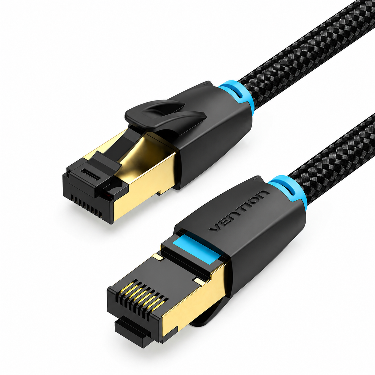 A close-up of a Vention ethernet cable with RJ45 connectors, featuring a black braided outer jacket, gold-plated metal contacts, and blue accent rings on a white background.