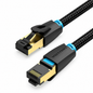 A close-up of a Vention ethernet cable with RJ45 connectors, featuring a black braided outer jacket, gold-plated metal contacts, and blue accent rings on a white background.