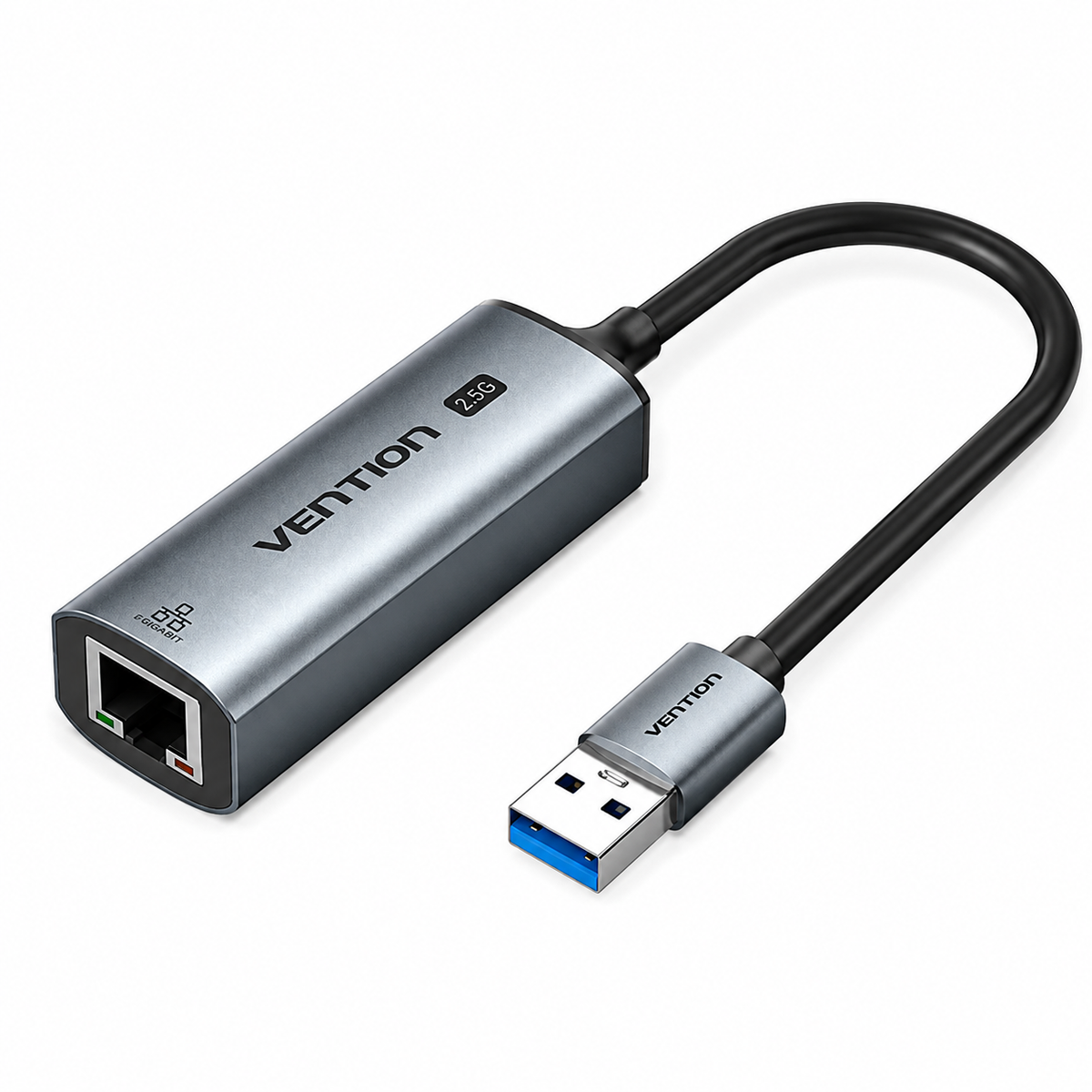 Vention USB 3.0 to RJ45 Ethernet adapter with a silver metal housing, black cable, and a blue USB 3.