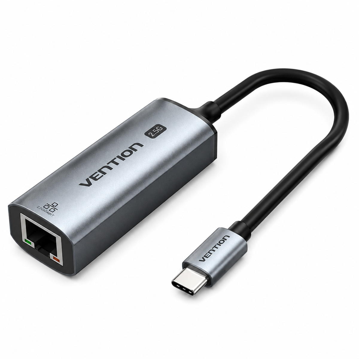 Vention 7.5G USB-C to Ethernet adapter with a silver metal housing, black cable, and USB-C connector on a white background.