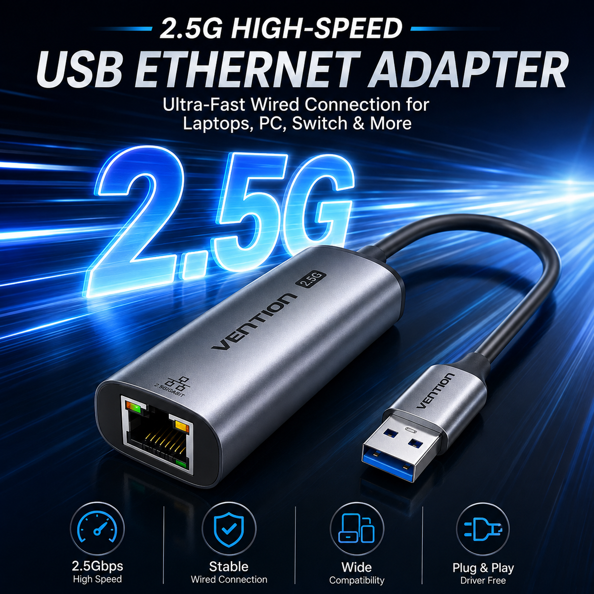 A 2.5G USB Ethernet adapter with a silver metal housing, blue USB 3.