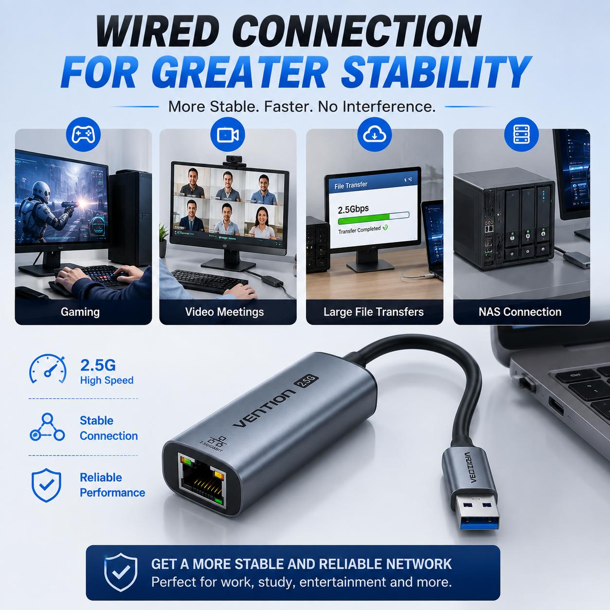 A VENTRION 12B wired Ethernet adapter with a USB-C connector, shown on a dark blue promotional background with feature callouts and usage examples for gaming, video meetings, file transfers, and NAS connections.
