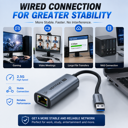 A VENTRION 12B wired Ethernet adapter with a USB-C connector, shown on a dark blue promotional background with feature callouts and usage examples for gaming, video meetings, file transfers, and NAS connections.