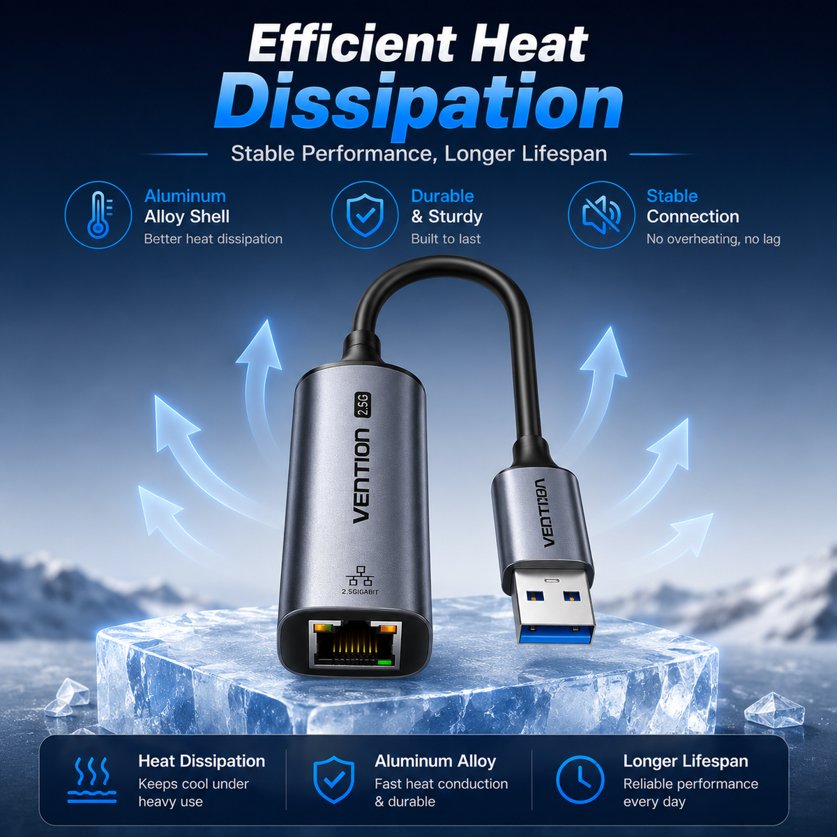 A VENTION USB to Ethernet network adapter with a black cable and metallic silver aluminum alloy shell, displayed on a block of ice with blue heat-dissipation arrows and marketing text.