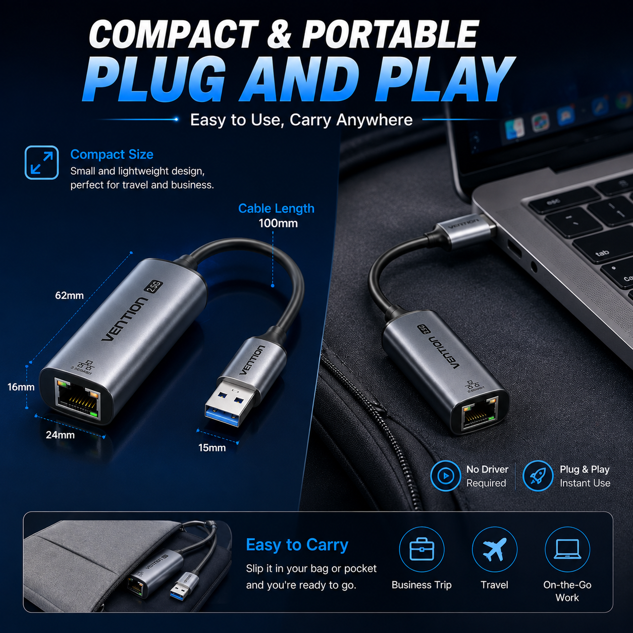 A compact USB-C to Ethernet adapter shown in a promotional layout with a laptop, zipper pouch, and feature callouts. The product is silver with a blue USB-A connector and black cable, branded VEGETRA.