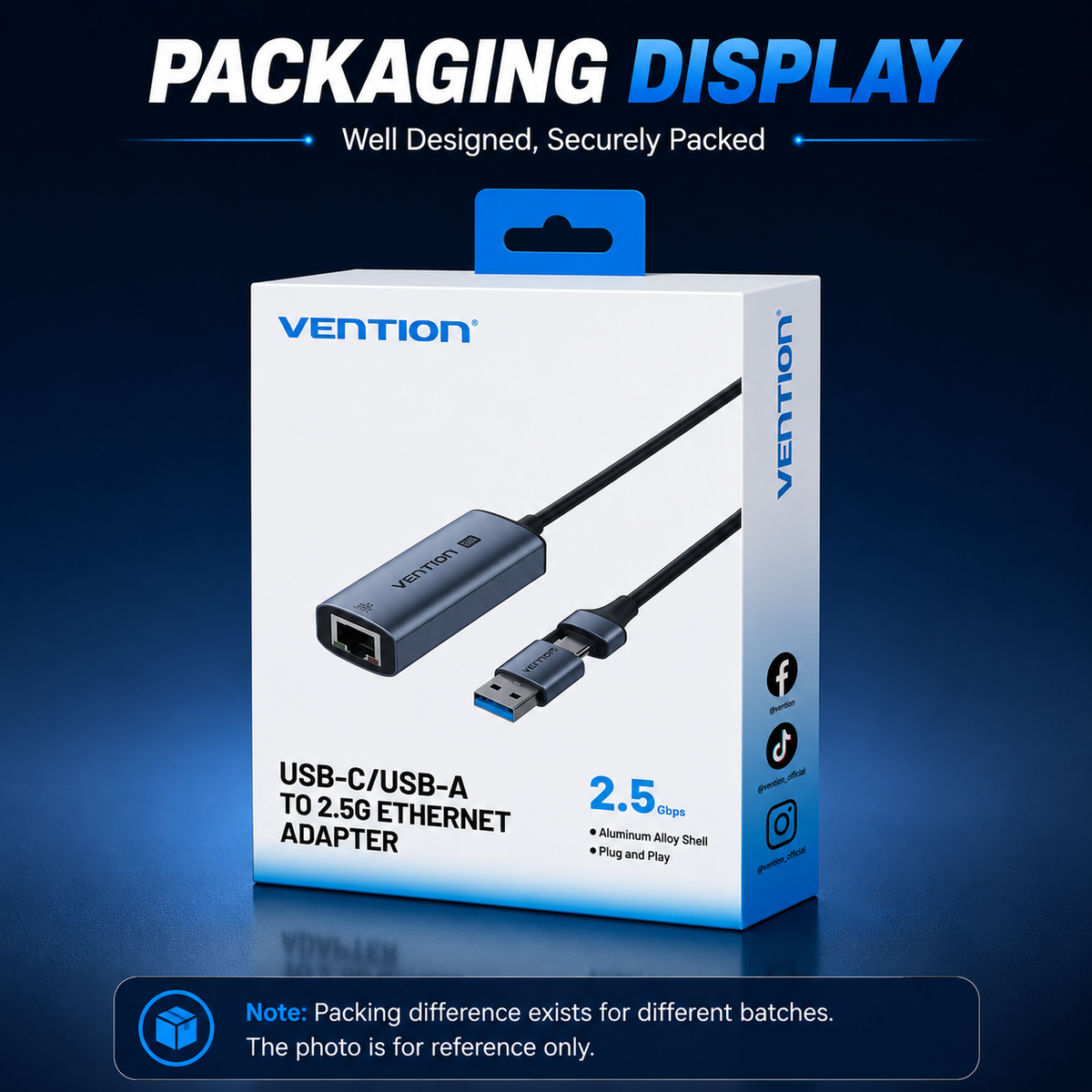 Vention USB-C to USB-A to 2.5G Ethernet Adapter in its retail packaging, displayed on a dark blue gradient background with promotional text.