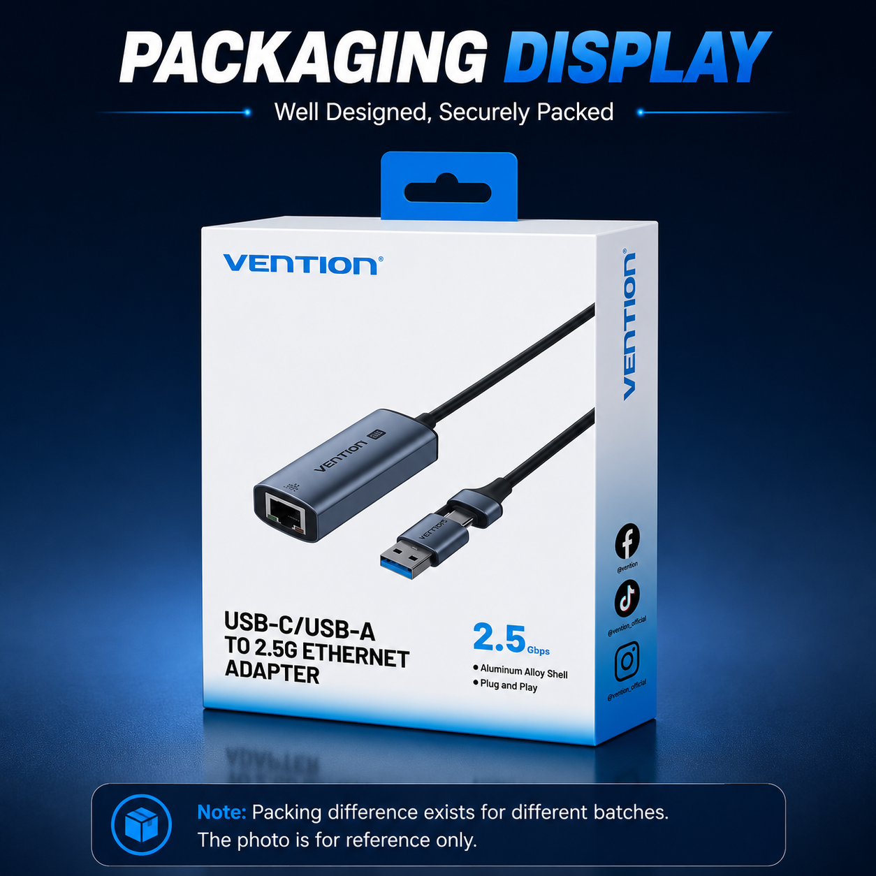 Vention USB-C to USB-A to 2.5G Ethernet Adapter in its retail packaging, displayed on a dark blue gradient background with promotional text.