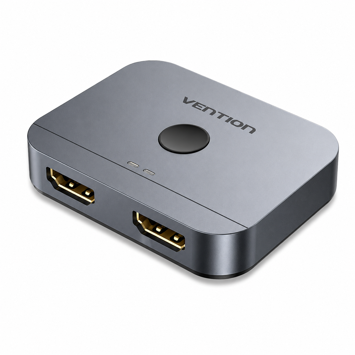 A Vention 2-port HDMI splitter box in a metallic dark gray finish with gold-plated connectors, shown on a clean white background.