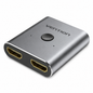 A Vention HDMI splitter adapter with a metallic silver aluminum body, featuring two HDMI ports on one side and a central power button on top, shown on a white background.