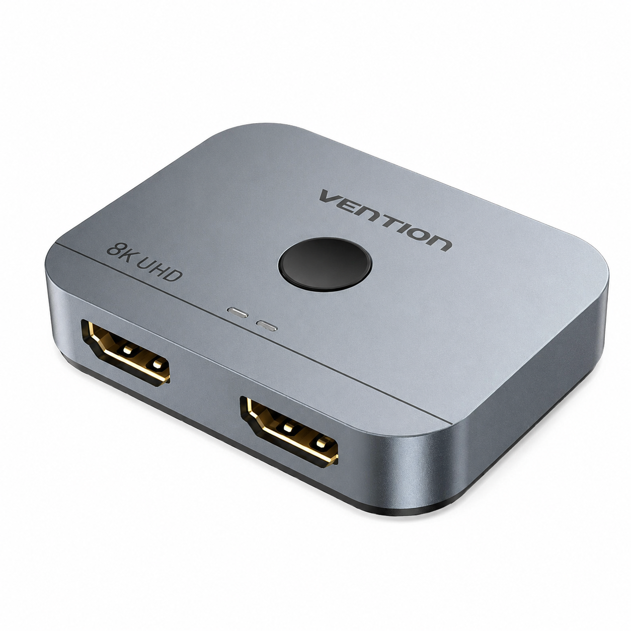 A Vention 8K UHD HDMI splitter box in a metallic silver finish with gold-plated HDMI ports, shown on a clean white background.