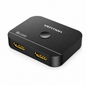 A Vention 8K UHD HDMI splitter box in matte black with gold-plated connectors, shown at an angle on a white background.