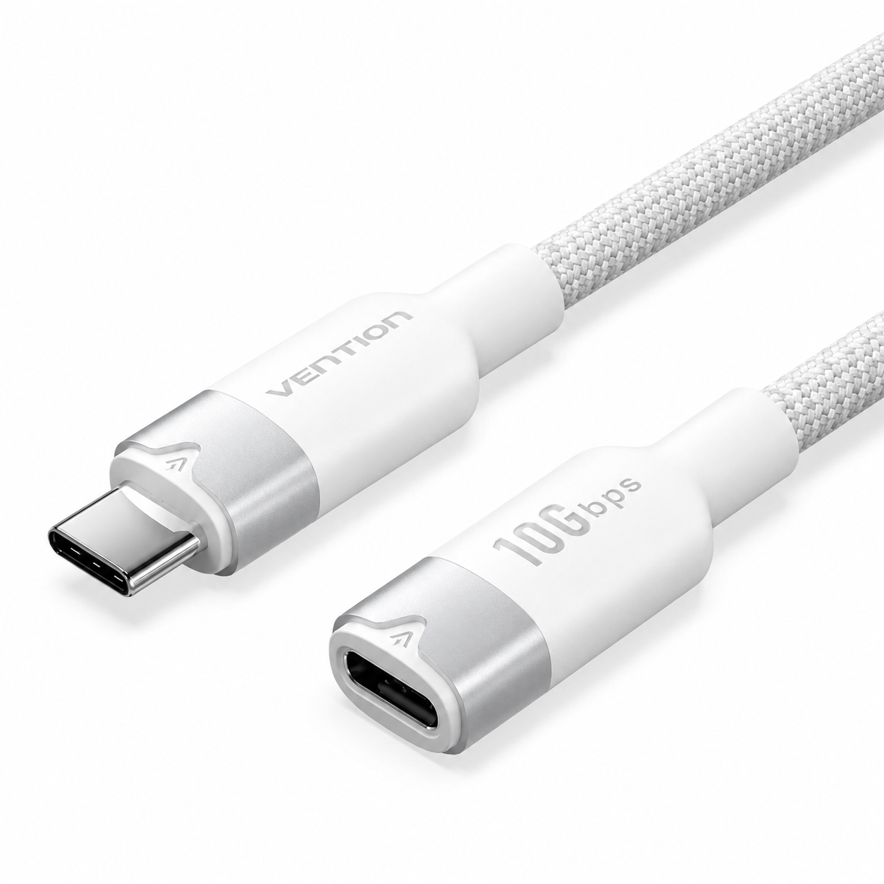 A white and silver Vention USB-C to USB-C braided cable with 10Gbps speed, shown on a clean white background.