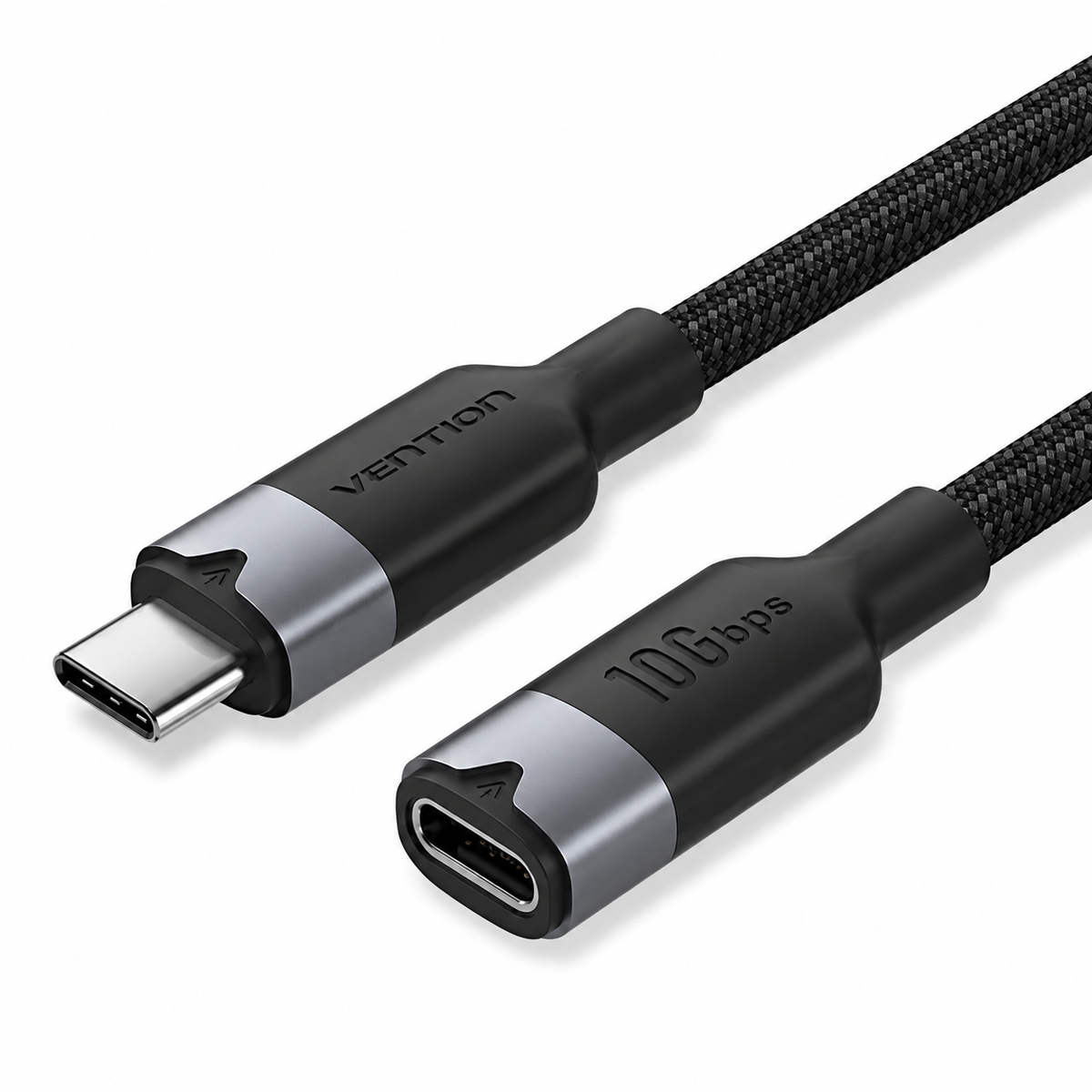 Black and silver USB-C to USB-C cable with braided black cord, showing both connector ends with 'Vention' branding and '10Gbps' text on a white background.