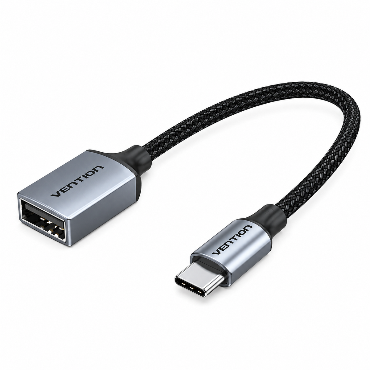 A Vention USB-C to USB-A adapter cable with a silver metal connector, black braided strap, and a USB-C connector on a clean white background.