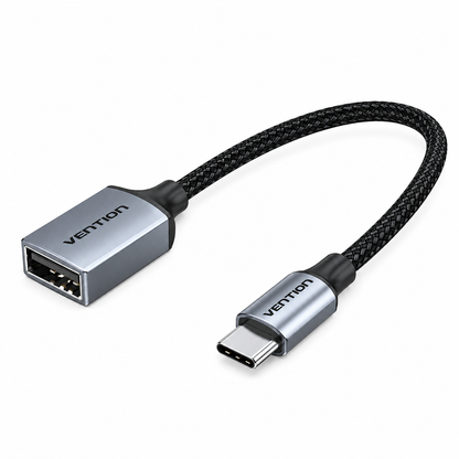 A Vention USB-C to USB-A adapter cable with a silver metal connector, black braided strap, and a USB-C connector on a clean white background.