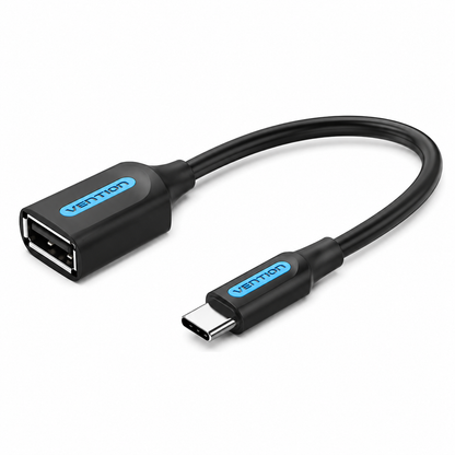 A black USB-C to USB-A adapter cable with a black connector housing and a bright blue 'venction' logo, shown on a clean white background.