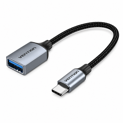 A VETTION USB-C to USB-A adapter cable with a silver metallic connector, black braided cord, and blue USB-A port visible on a white background.