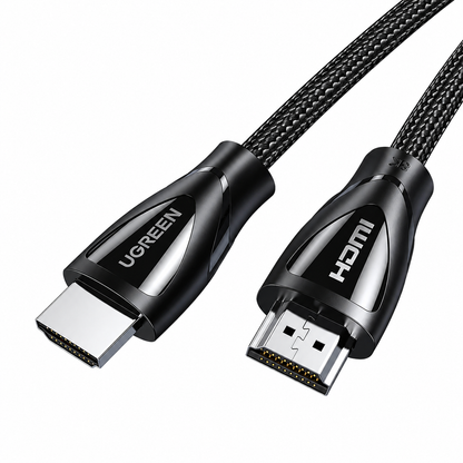 A black UGREEN HDMI 2.1 cable with braided texture and glossy black connectors, shown on a clean white background.