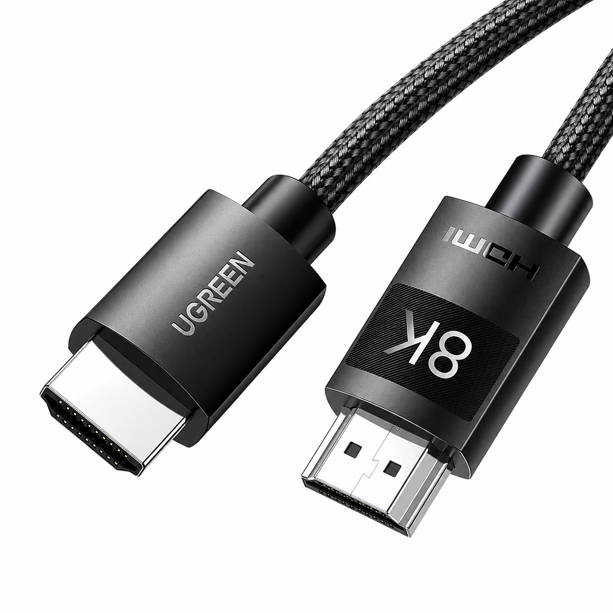 UGREEN HDMI 8K cable with a black braided outer sheath and matte black connectors, featuring 'UGREEN' and 'HDMI 8K' text on the connector housings, set against a plain white background.