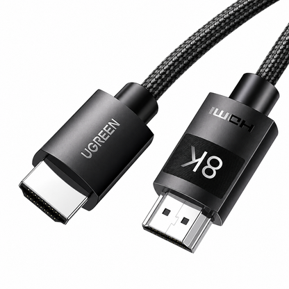 UGREEN HDMI 8K cable with a black braided outer sheath and matte black connectors, featuring 'UGREEN' and 'HDMI 8K' text on the connector housings, set against a plain white background.