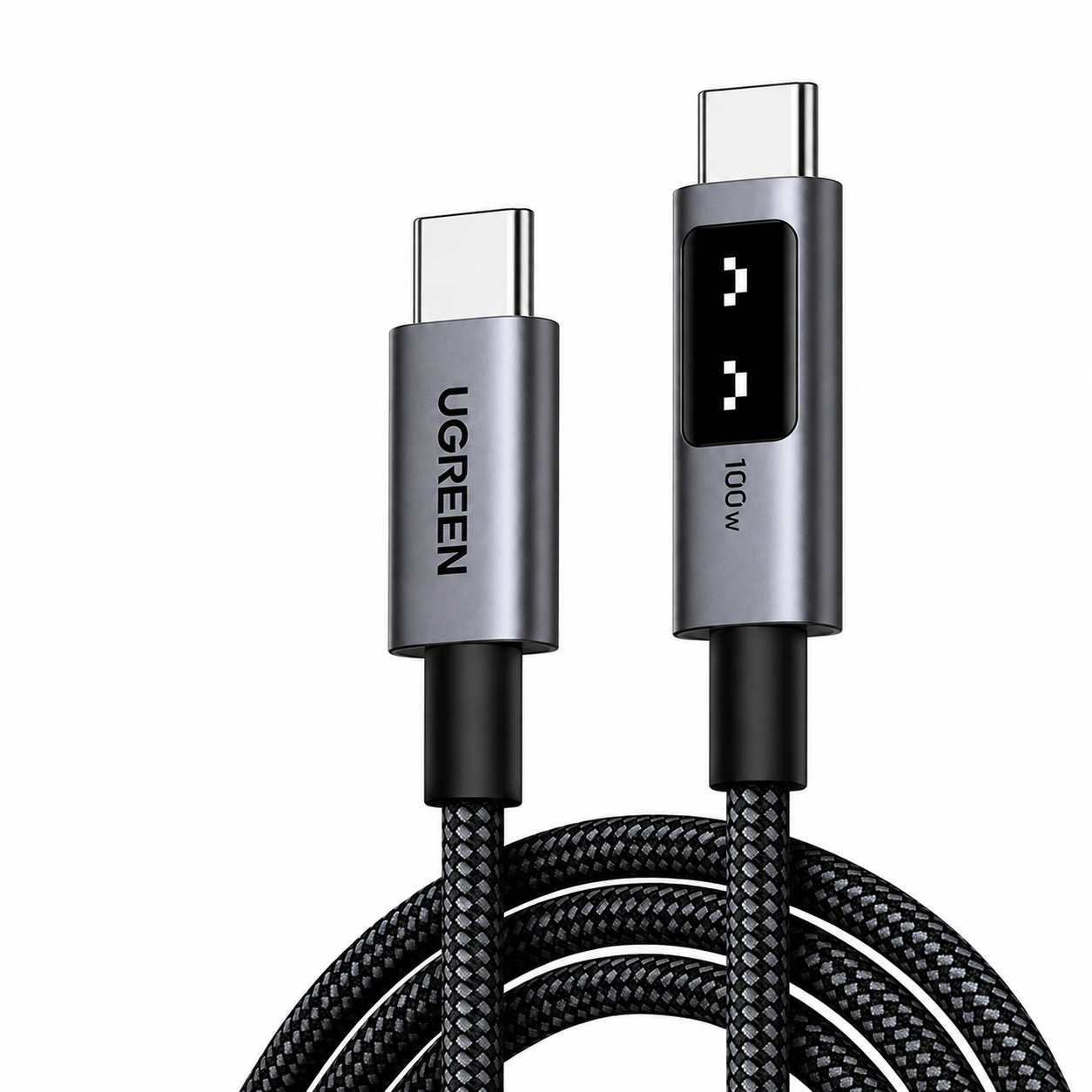 UGREEN USB-C to USB-C cable with a 100W fast charging connector, featuring a metallic silver and black design with a braided black cable on a white background.