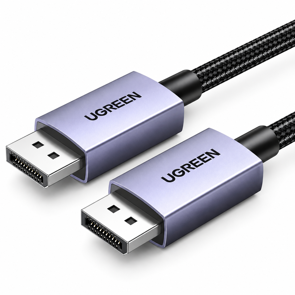UGREEN HDMI cable with two metal connector ends in a lavender-purple finish and a black braided cable, shown on a white background.