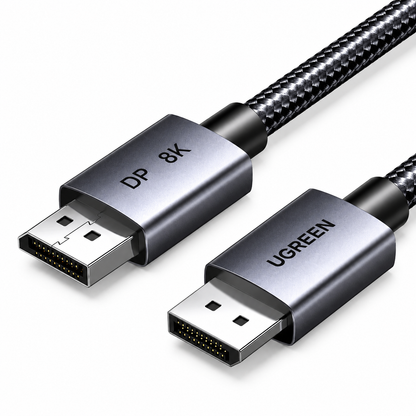UGREEN DP 8K USB-C to USB-C cable with a braided black and silver design, featuring metallic silver connector housings with black details, shown on a clean white background.