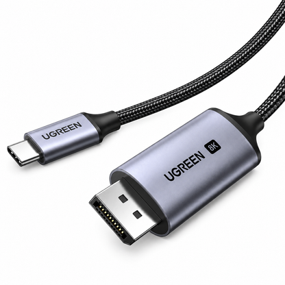 UGREEN 8K HDMI 2.1 to USB-C adapter cable with a braided black design and metallic gray connectors, shown on a clean white background.