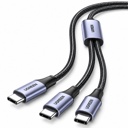 UGREEN USB-C to USB-C split cable with three connectors, featuring a black braided outer sheath and metallic blue-purple connector housings on a white background.