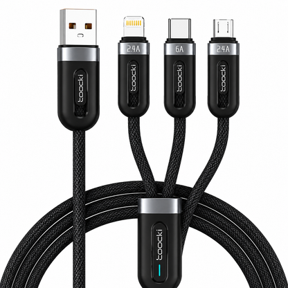 A black braided USB-C multi-port charging cable with four connectors (one USB-A, three USB-C/Lightning) on a solid white background. The brand name 'toocki' is visible on the connector sleeves, and the port speeds '24A', '6A' are printed near the connectors.