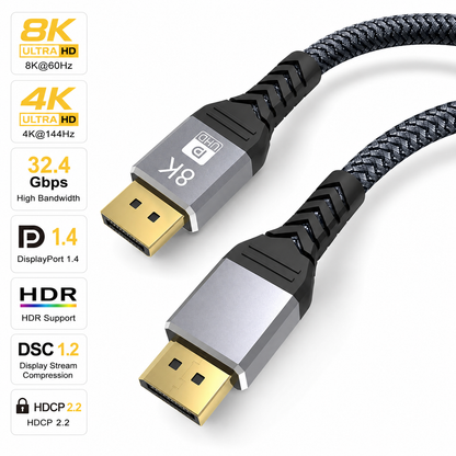 An HDMI 2.1 cable with a braided black design and silver and gold connectors, shown alongside feature callout icons on the left detailing its 8K, 4K, 32.