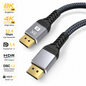 An HDMI 2.1 cable with a braided black design and silver and gold connectors, shown alongside feature callout icons on the left detailing its 8K, 4K, 32.