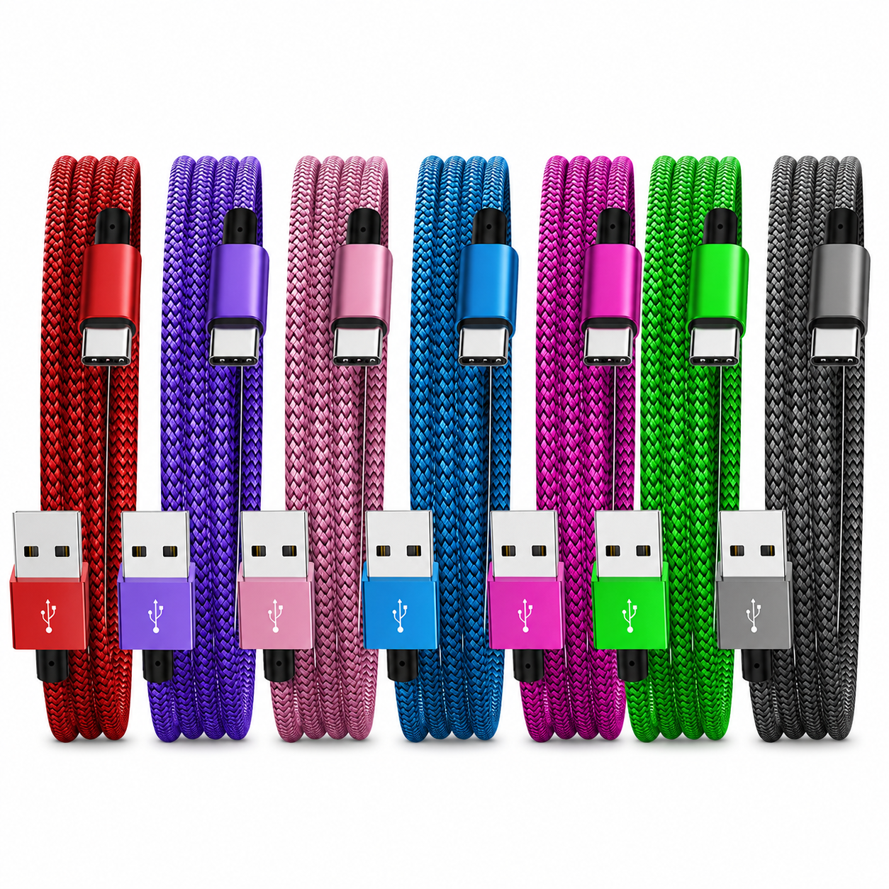 Eight braided USB-C to USB-A charging cables in assorted colors, including red, purple, pink, blue, magenta, green, and gray, arranged in a row against a white background.