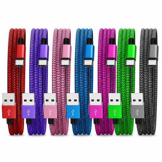 Eight braided USB-C to USB-A charging cables in assorted colors, including red, purple, pink, blue, magenta, green, and gray, arranged in a row against a white background.