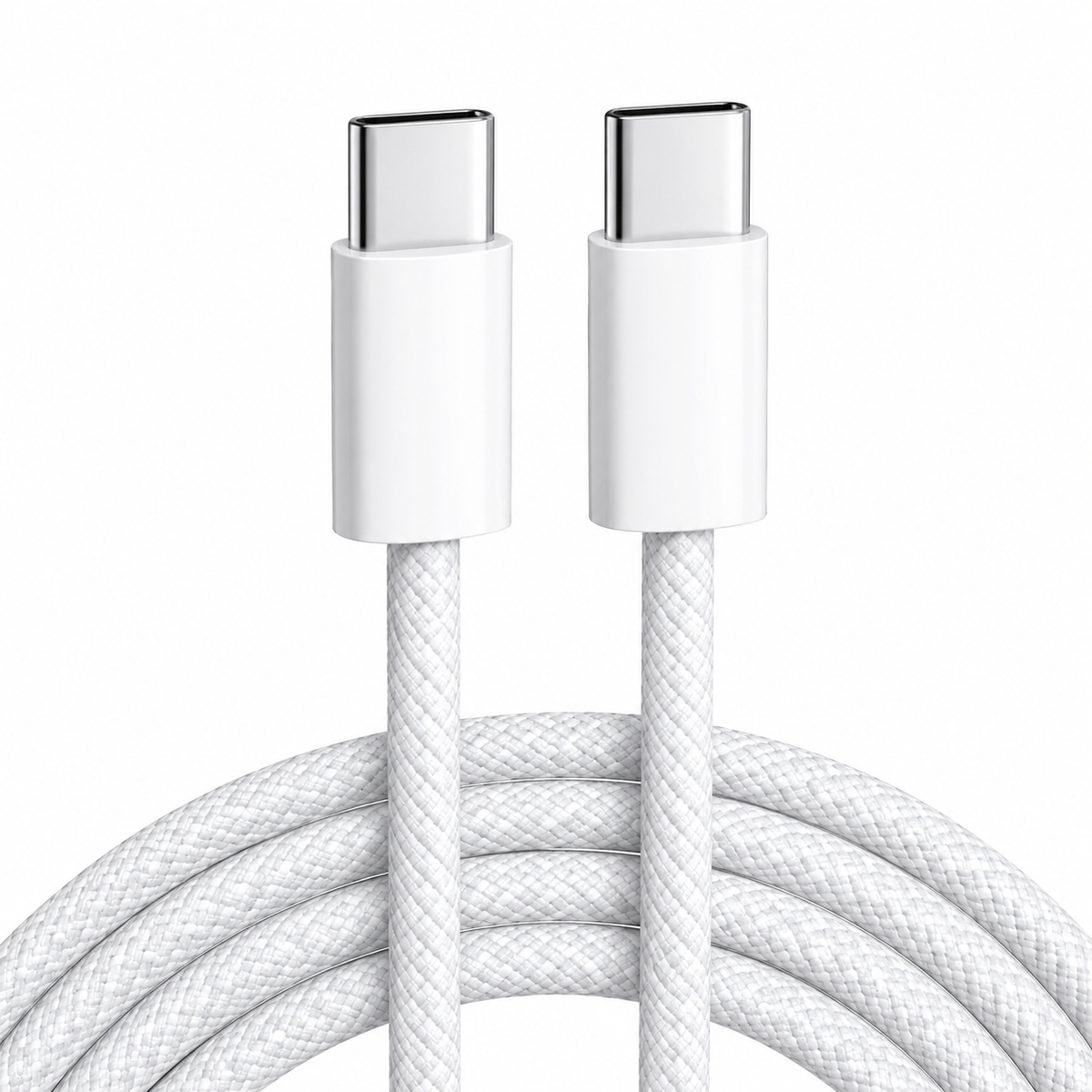 A white braided USB-C to USB-C charging cable with metallic silver connector ends, shown coiled on a plain white background.