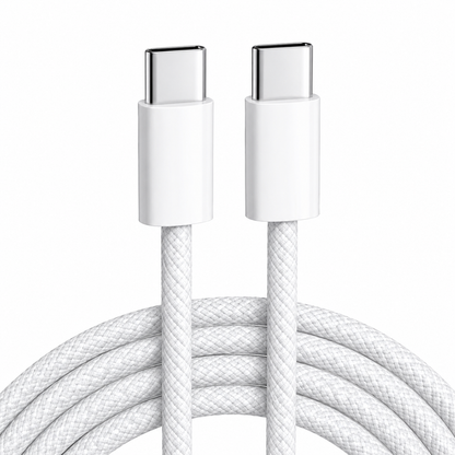 A white braided USB-C to USB-C charging cable with metallic silver connector ends, shown coiled on a plain white background.