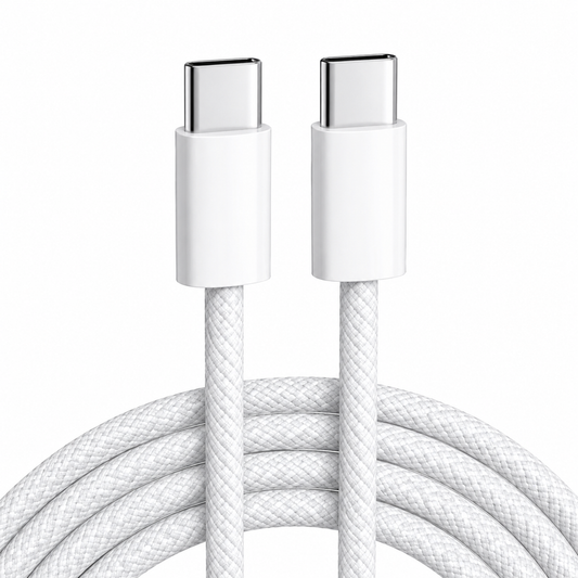 A white braided USB-C to USB-C charging cable with metallic silver connector ends, shown coiled on a plain white background.