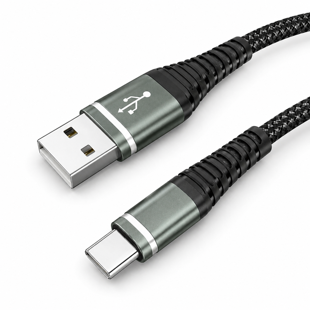 A close-up of a USB-A to USB-C charging cable with a braided black design, featuring metallic dark gray connector housings with silver accents.