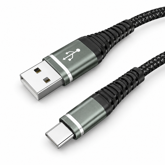 A close-up of a USB-A to USB-C charging cable with a braided black design, featuring metallic dark gray connector housings with silver accents.