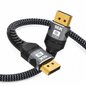 A braided black and gray HDMI cable with gold-plated USB-C connectors, featuring black protective sleeves labeled '16K UHD' and 'DP 1.4'.