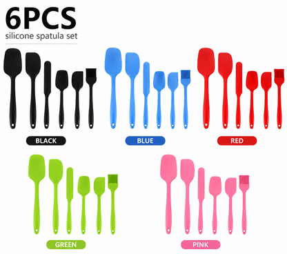 Set of 6 silicone spatulas in black, blue, red, green, and pink on a white background.